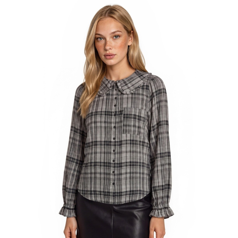 Pilcro Anthropologie Top Women's Size Medium Black Plaid Ruffle Peter Pan Collar